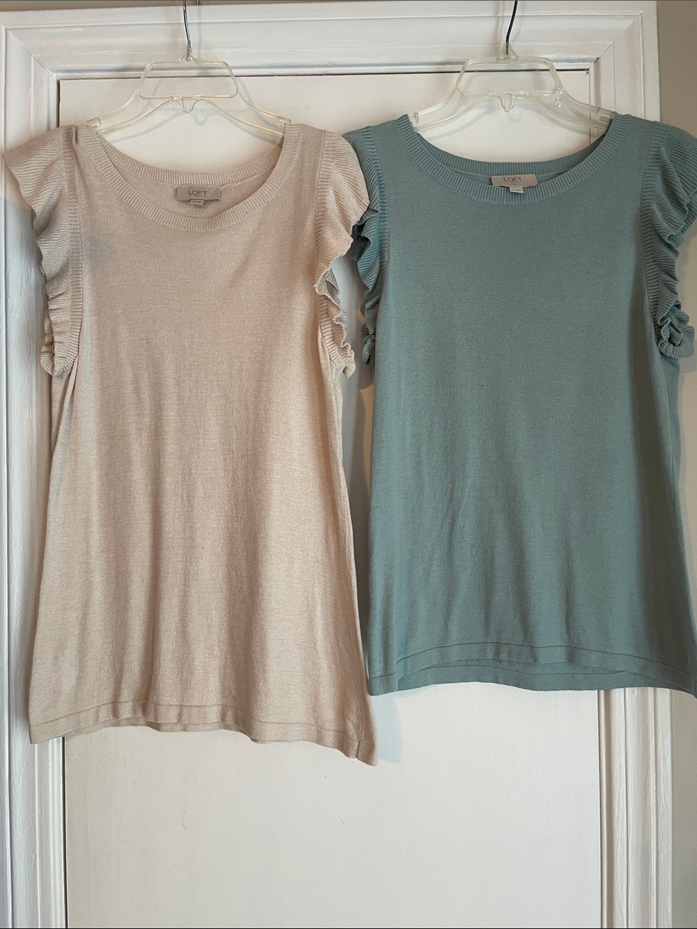 Set of 2 LOFT Ruffle Sleeve Knit Tops - Beige and Sage